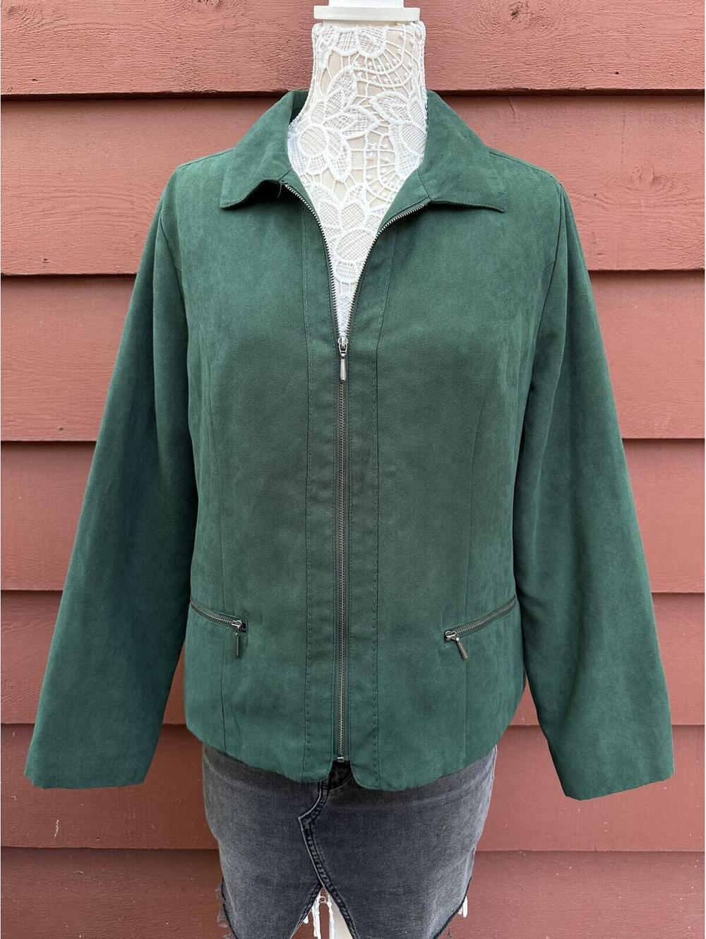 Studio Works Green Suede Feel Jacket Y2K Vintage Minimalist Zip Front Outerwear